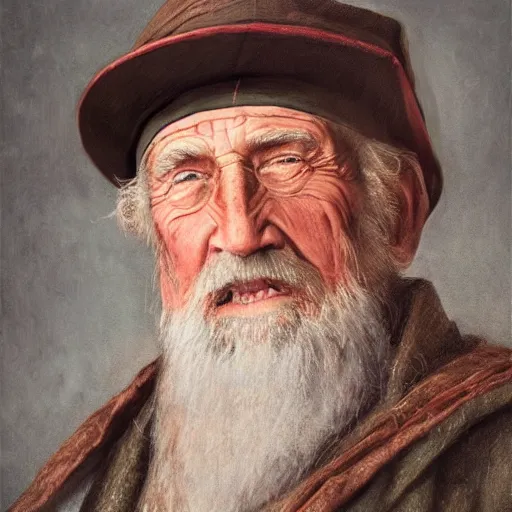 Prompt: realistic renderings of very old fisher man portrait with a hat, port scene background, astonishing scenes, detailed, photorealism