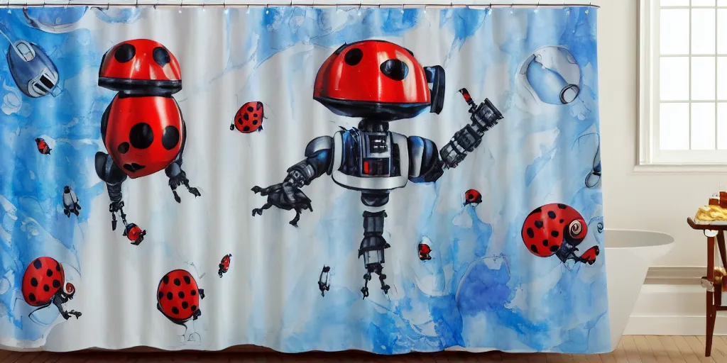 Prompt: shower curtain product catalog. wide - angle photo. on the curtain is a low - angle hero - shot watercolor of a ladybug robot. the robot has an epic fight with darth vader ( obi - wan kenobi ). the water color has ink under drawing. highly coherent, product photography of a shower curtain, product lighting. 4 k, highly detailed. saturated.