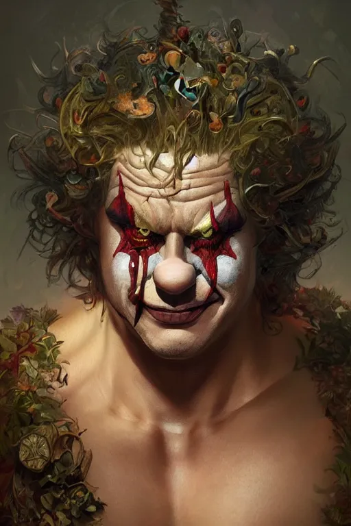 Prompt: portrait of a clown as a hulking herculean demon, forest, godlike, full body, fantasy, intricate, elegant, highly detailed, digital painting, artstation, concept art, sharp focus, illustration, art by artgerm and greg rutkowski and alphonse mucha