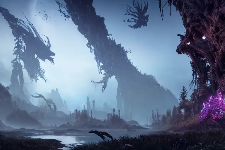 Prompt: wide epic shot from horizon forbidden west. a hyper detailed organic mechanic creatuve realistic similar look as horizon forbidden west horizon zero dawn, bioluminiscence in a dark deep forest at dawn in spring, with reflection and textures, by kilian eng, substance painter reaslitic mech surface metal painted scratches, world env from horizon forbidden west horizon zero dawn