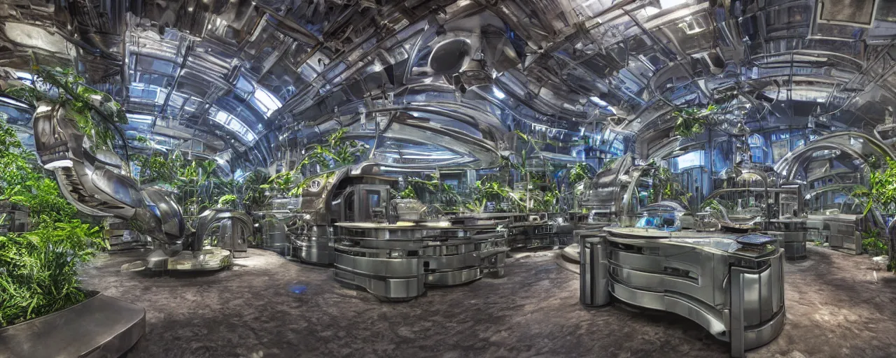 Prompt: a futuristic steampunk science laboratory, built in the middle of a lush tropical rainforest, cinematic back lit lighting, realistic, detailed, canon 20mm,