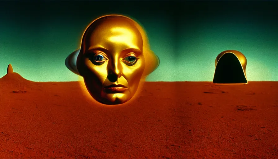 Image similar to glowing bene gesserit in full - face golden glowing mask meet salvador dali in a black rocky desert landscape with alienabandoned city beneath the sand and giant alien spaceship in the sky attacks the earth by christopher doyle and alejandro jodorowsky, anamorphic lens, kodakchrome, cinematic composition, very detailed photo, 8 k,