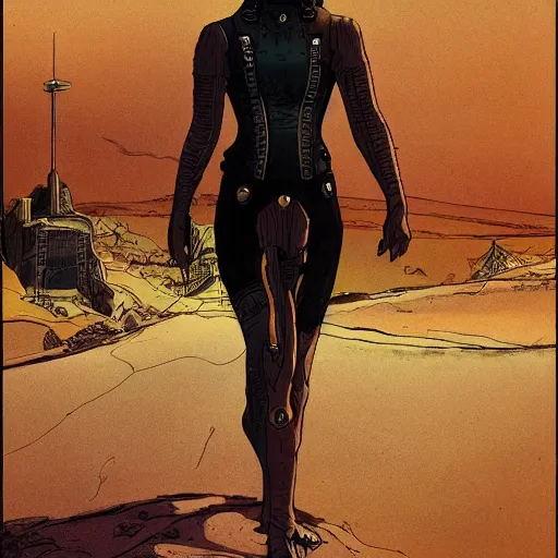 Prompt: a cyberpunk woman walks in the desert, in the distance you can see a futuristic city, art by moebius, highly detailed, sharp focus,