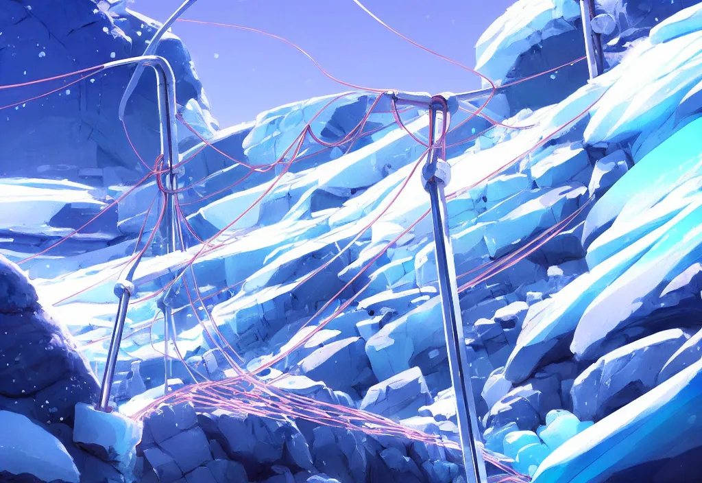 Image similar to futuristic electric pole and chunky wires on a glacier, ice, rocks, snowfall, intricate oil painting, high detail illustration, sharp high detail, manga and anime 1 9 9 9, official fanart behance hd artstation by jesper ejsing and makoto shinkai, 4 k,