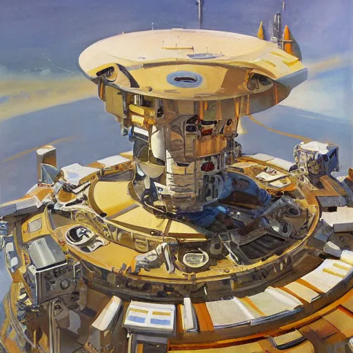 Image similar to a highly detailed beautiful portrait of circular space station with elevator connected to earth, by gregory manchess, james gurney, james jean