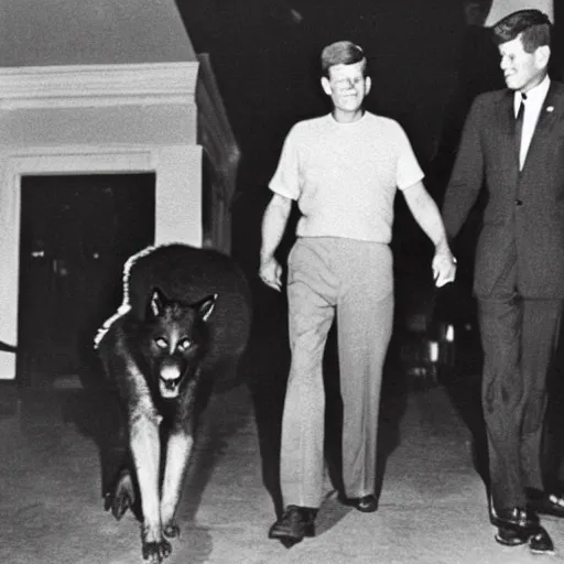 Image similar to a photograph of jfk holding hands with a werewolf