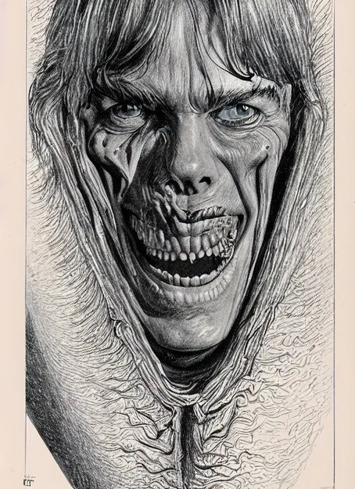 Image similar to full page scan of detailed vintage anatomical drawing of Stephen King as Jordy Verrill in Creepshow (1982), illustrated, intricate writing, highly detailed