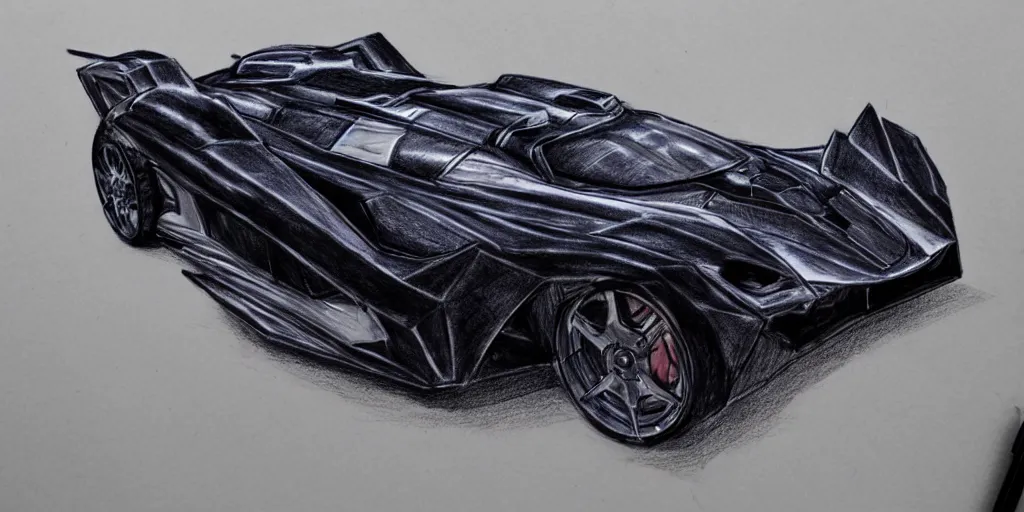 Image similar to ballpoint pen drawing of the batmobile, batman, arkham knight