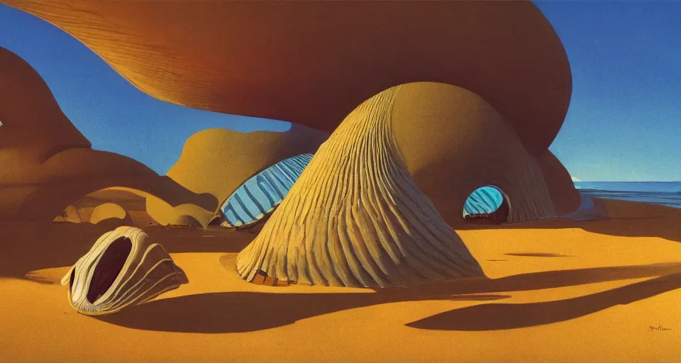 Image similar to a giant seashell house in the middle of nowhere, by syd mead, moebius, j. h. williams iii, triadic color scheme