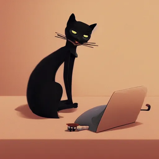 Image similar to a puppet cat is lying on the computer table, characterized by roman shipunov, etienne hebinger, atey ghailan, cgsociety, fantasy art, 2 d game art