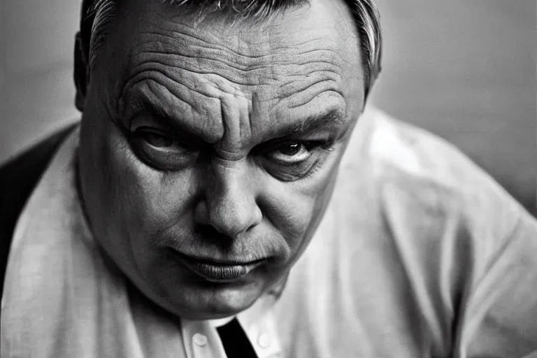 Image similar to overweight viktor orban by peter lindbergh