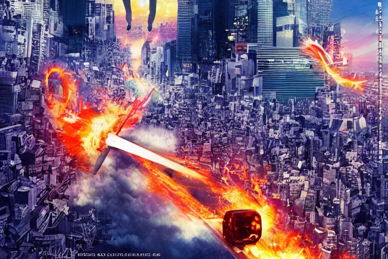 Image similar to cat attacking Tokyo, disaster movie poster, masterpiece, masterwork, cgstudio