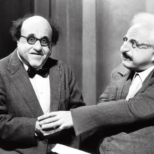 Prompt: danny DeVito and Einstein discuss theoretical physics