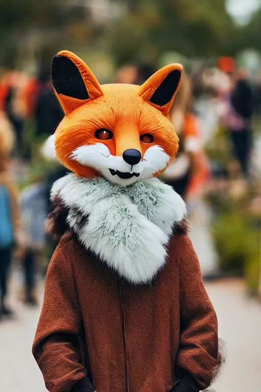 Prompt: anthropomorphic fox with a fluffy tail, fursuit, trending on instagram, photography