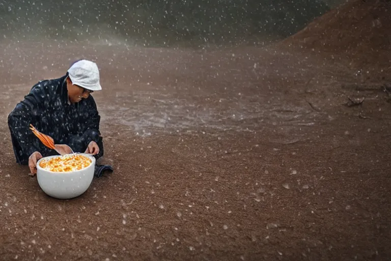 Prompt: asian man eating rice in the desert while its raining and snowing