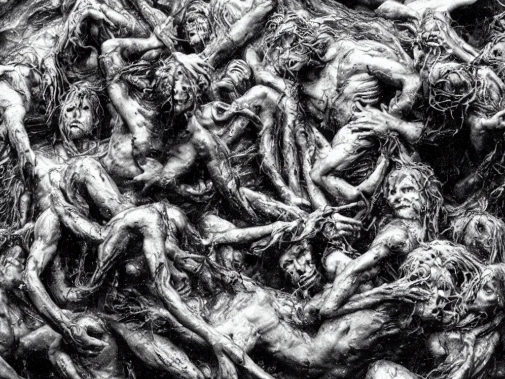 Image similar to the raft of the medusa as a body horror film, Cronenberg, Rick Baker, dramatic film still, daylight, photo real, extremely detailed, wet, slimy, Eastman EXR 50D 5245/7245