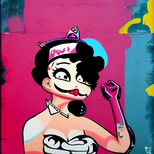 Prompt: Painting of Betty Boop by Sachin Teng :4 stylish, asymmetrical, Matte Painting , Vector art, geometric shapes, hard edges, graffiti, street art:2 Masterpiece, high detail, by Sachin Teng:4