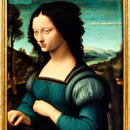 Image similar to young woman from the year 1 5 0 0, seated in front of a landscape background, her black hair is fine curly, she wears a dark green dress pleated in the front with yellow sleeves, puts her right hand on her left hand and smiles slightly, oil painting in style of leonardo da vinci