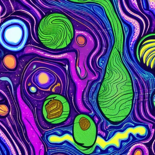 Prompt: psychedelic trippy couch in a forest, planets, milky way, sofa, cartoon green and purple