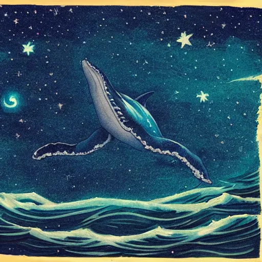 Prompt: portrait of whale swimming on a starry night sky, swimming across the universe, oniric, dreamy, beautiful, highly detailed, cinematic