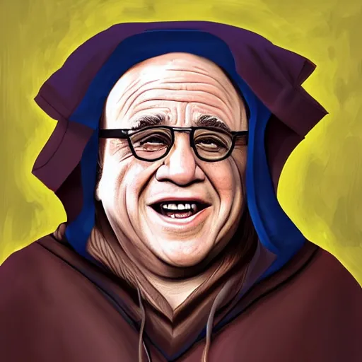 Prompt: danny devito wearing an assassins hood and cloak, digital art, highly detailed, realistic, bright colors, 8 k