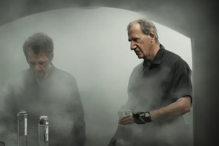 Image similar to an ultra realistic cinematic headshot portrait of an evil scientist, stood in a lab, foggy, detailed, deep focus, movie still, dramatic lighting, by werner herzog