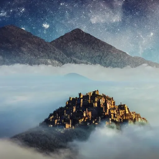 Prompt: mysterious city built on the clouds above a mountain