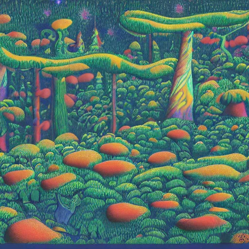 Image similar to psychedelic couch sofa in the pine forest, goose, milky way, designed by moebius, rob gonsalves, gustav dore, giuseppe arcimboldo and carl barks, louis wain, trending on artstation, canada, star, sharp focus, colorful refracted sparkles and lines, soft light, 8 k 4 k