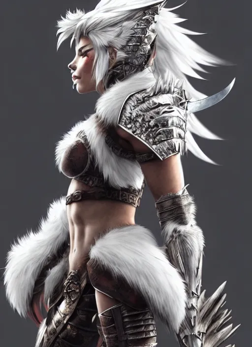 Prompt: warrior, fur - lined wolf armor!!! beautiful and gorgeous white hair female!! monster hunter!! character concept art, sharp focus, octane render! unreal engine 5! highly rendered!! trending on artstation!! detailed linework!! illustration by artgerm, wlop, and chie yoshii