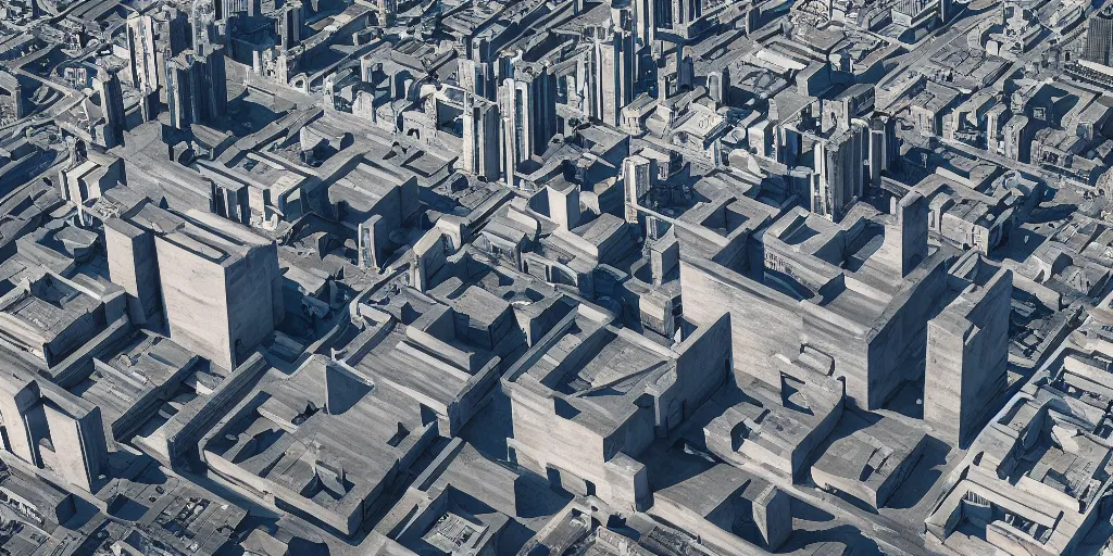 Image similar to drone view of a Brutalist architecture city with a large road through, telephoto lens, 3D digital art 4k