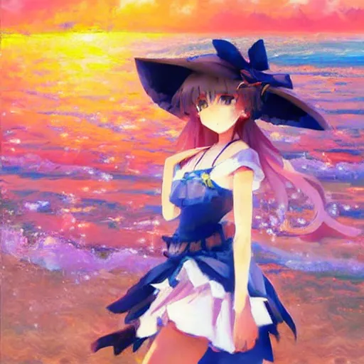 Prompt: Beautiful abstract impressionist painting of Kirisame Marisa from the Touhou project at the beach, touhou project official artwork, danbooru, oil painting by Antoine Blanchard, award winning art, oil on canvas , wide strokes, pastel colors, soft lighting