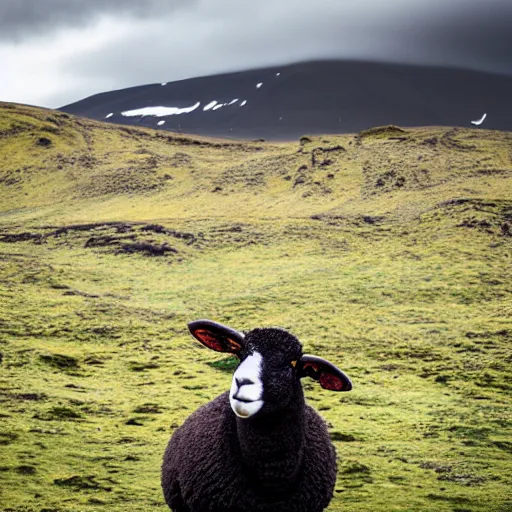 Image similar to portrait photo of a sheep wearing a sweater, iceland, grey sky, green hills, taken by Nikon, movie still,