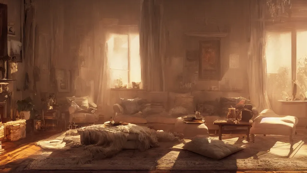 Prompt: a photorealistic hyperrealistic render of an interior of a beautifully decorated cozy living room by pixar, greg rutkowski, wlop, artgerm, dramatic moody sunset lighting, long shadows, volumetric, cinematic atmosphere, octane render, artstation, 8 k