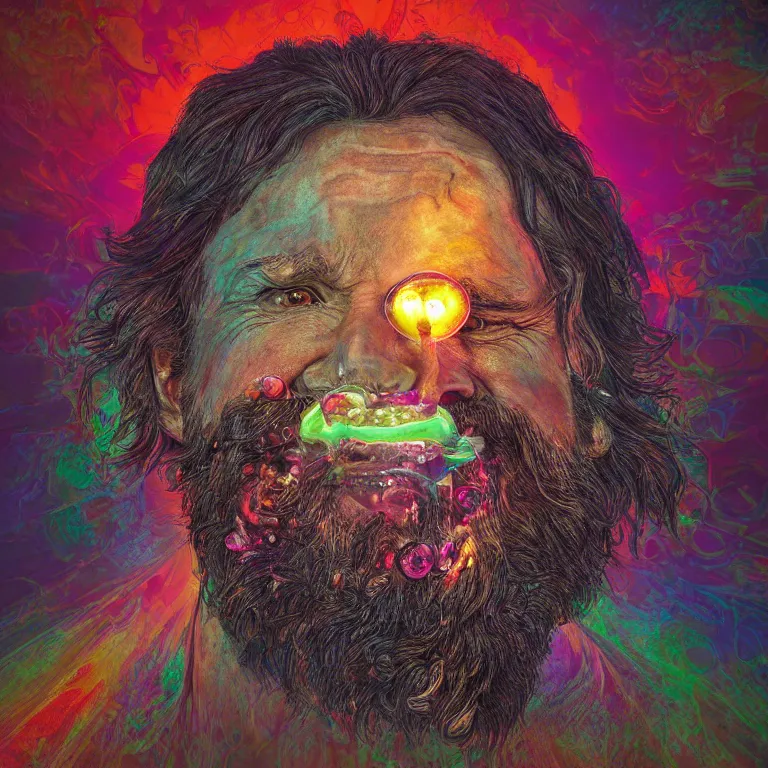 Prompt: Medium shot shallow depth of field cinematic lighting photograph of a bookish man whose mouth opens up as a prismatic geode sitting at the breakfast table with eye contact titled 'I am redeemed' psychedelic album cover, vivid color shocking detail hyperrealistic 8k