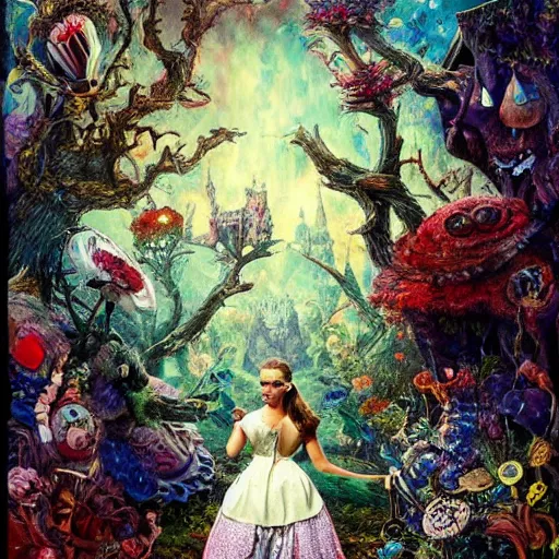 Prompt: alicia vikander in alice in wonderland tripping on lsd, intricate detail, painting, royo, frazetta, whealan,