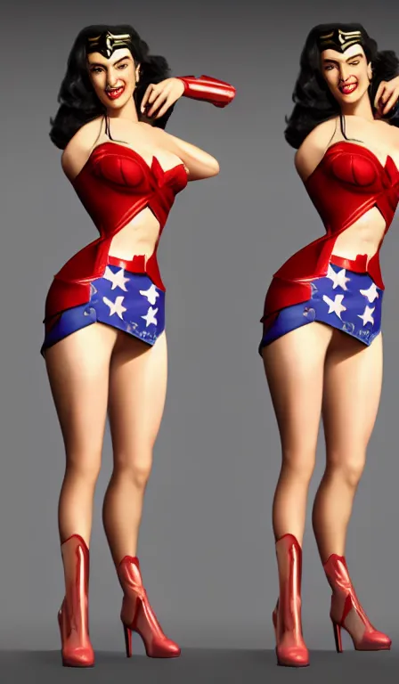 Image similar to digital art, portrait of teenage Wonder Woman, double split halter open thigh ripped dress, smiling, in the style of 1950s pinups by Warren Louw, realistic, ultra detailed, unreal engine, octane render, 8k resolution