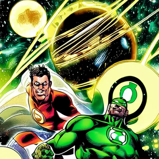 Image similar to Green Lantern fighting in space with Black Adam, comic style, planets on the background, dramatic, dark lighting, HQ