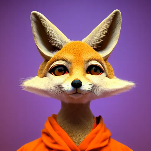 Prompt: a highly detailed portrait of a humanoid light brown fennec fox, with a white muzzle, bright orange eyes, in a purple cloak, artstation, DeviantArt, professional, octane render, 3d render
