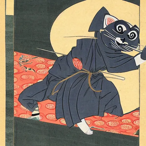 Image similar to anthropomorphic cat ninja, ukiyo-e