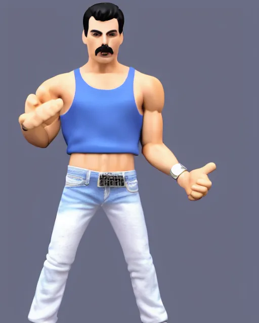 Image similar to 3 d render of freddie mercury, white sleeveless tank top blue jeans as a funko pop!, four, studio lighting, white background, single body, no shadow, blender, trending on artstation, 8 k, highly detailed