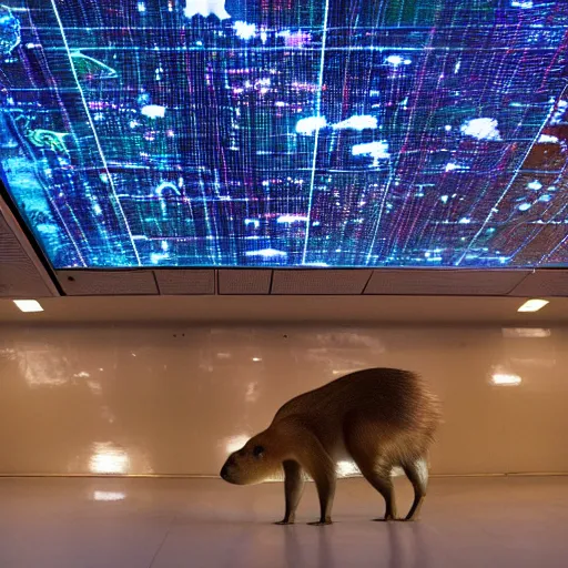 Image similar to a capybara in a spaceship hallway filled with glowing screens