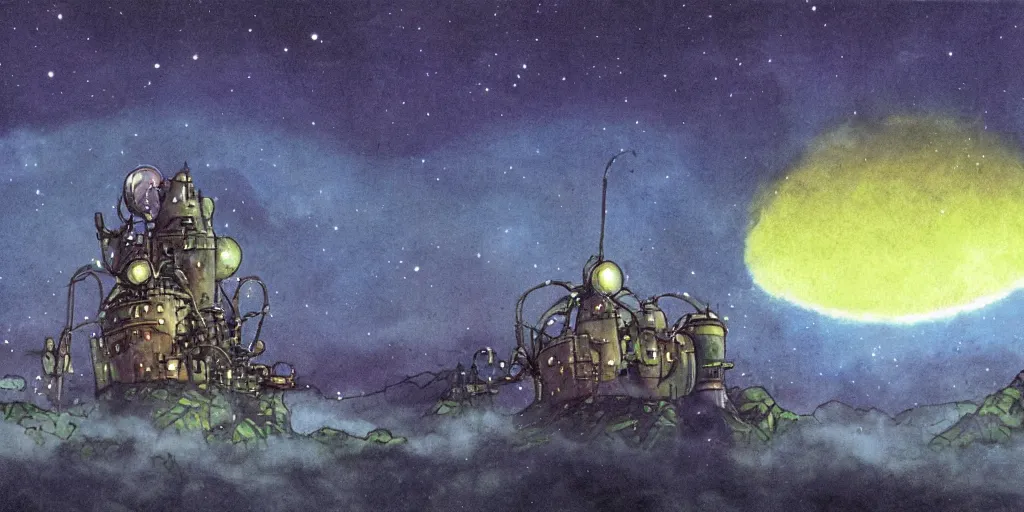 Image similar to a realistic and atmospheric cell - shaded concept art from howl's moving castle ( 2 0 0 4 ) of a multi - colored ufo from close encounters of the third kind ( 1 9 7 7 ). it is a misty starry night. very dull colors, hd, 4 k, hq