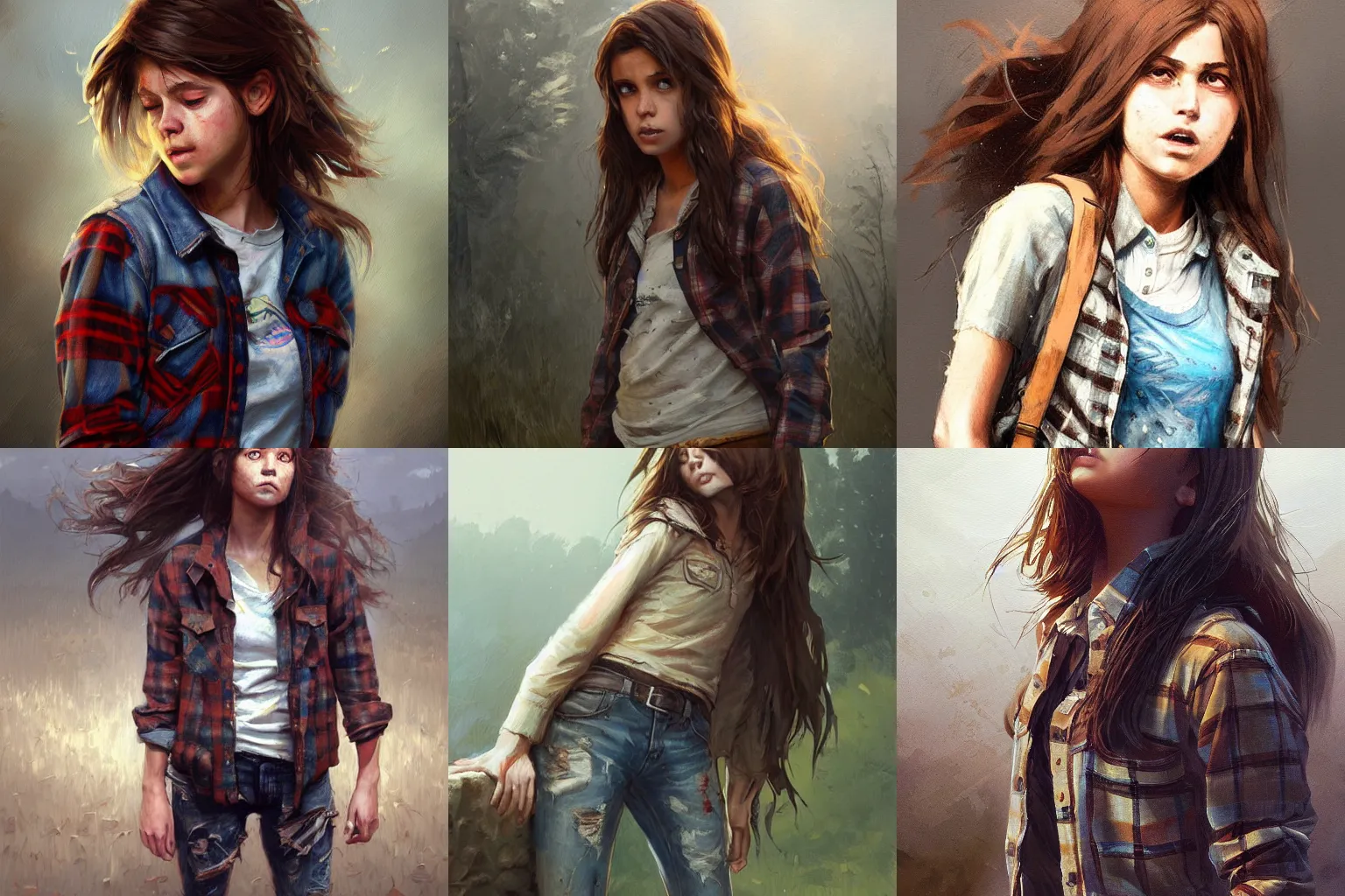 Prompt: very detailed painting of a brown hair teenage girl with ragged jeans and and plaid shirt torn, featured in artstation, concept art by Greg Rutkowski, WLOP, Dan Mumford, Christophe Vacher