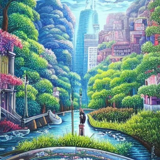 Image similar to Beautiful city of the future in harmony with nature. Beautiful detailed painting by Lurid. (2022)