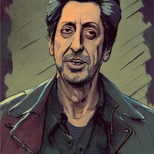 Image similar to a study of cell shaded portrait of Al Pacino concept art, llustration, post grunge, concept art by josan gonzales and wlop, by james jean, Victo ngai, David Rubín, Mike Mignola, Laurie Greasley, highly detailed, sharp focus, alien, Trending on Artstation, HQ, deviantart, art by artgem