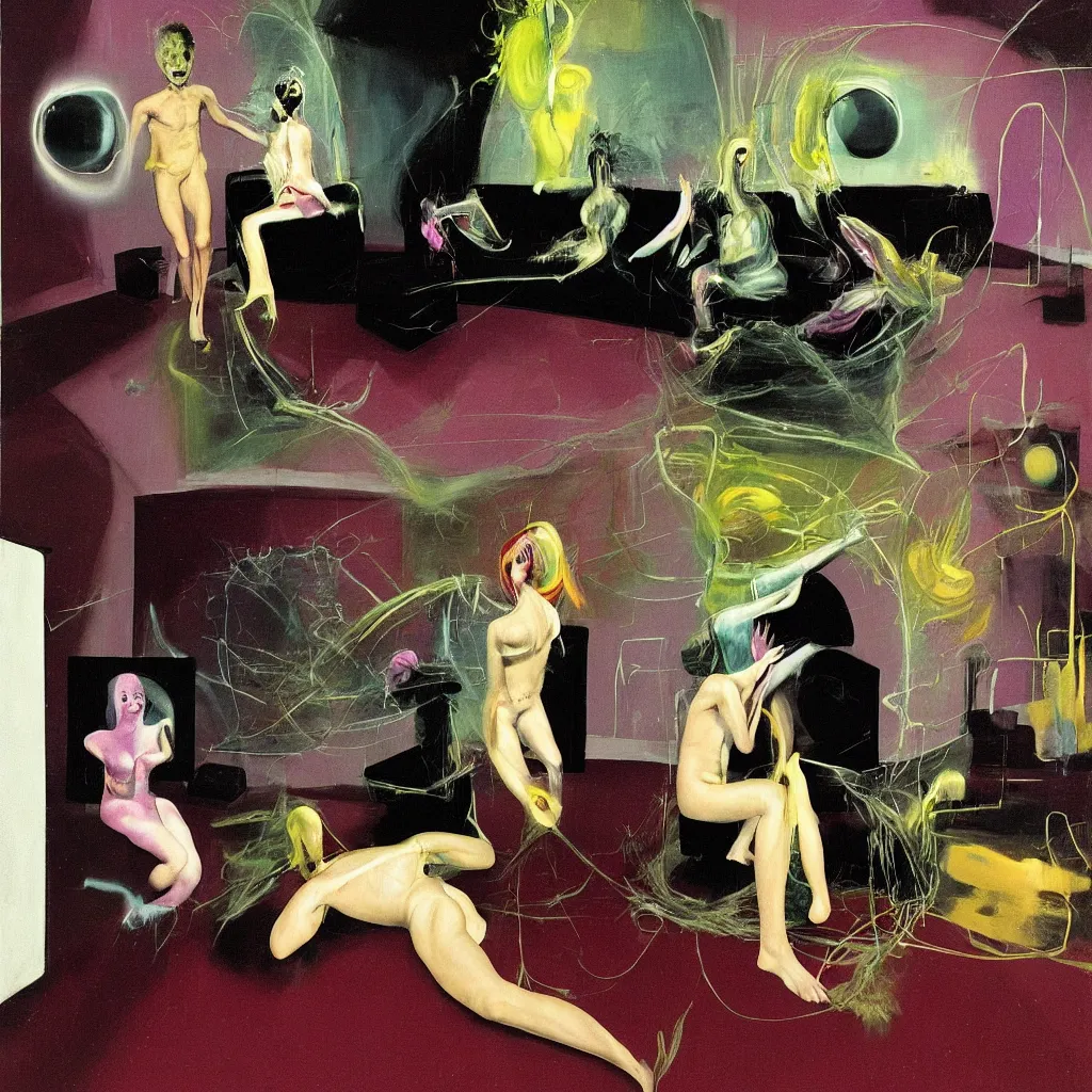 Image similar to Man and woman start to bounce in a living room of a house, floating dark energy surrounds the middle of the room. There is one living room plant to the side of the room, surrounded by a background of dark cyber mystic alchemical transmutation heavenless realm, cover artwork by francis bacon and Jenny seville, midnight hour, part by adrian ghenie, part by jeffrey smith, part by josan gonzales, part by norman rockwell, part by phil hale, part by kim dorland, artstation, highly detailed