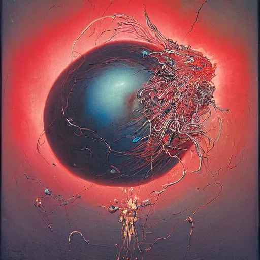 Image similar to a sphere being devoured by abstract splatters of paint in the style of francis bacon, venus being engulfed in flames in the style of james jean, surreal, beksinski, high detailed