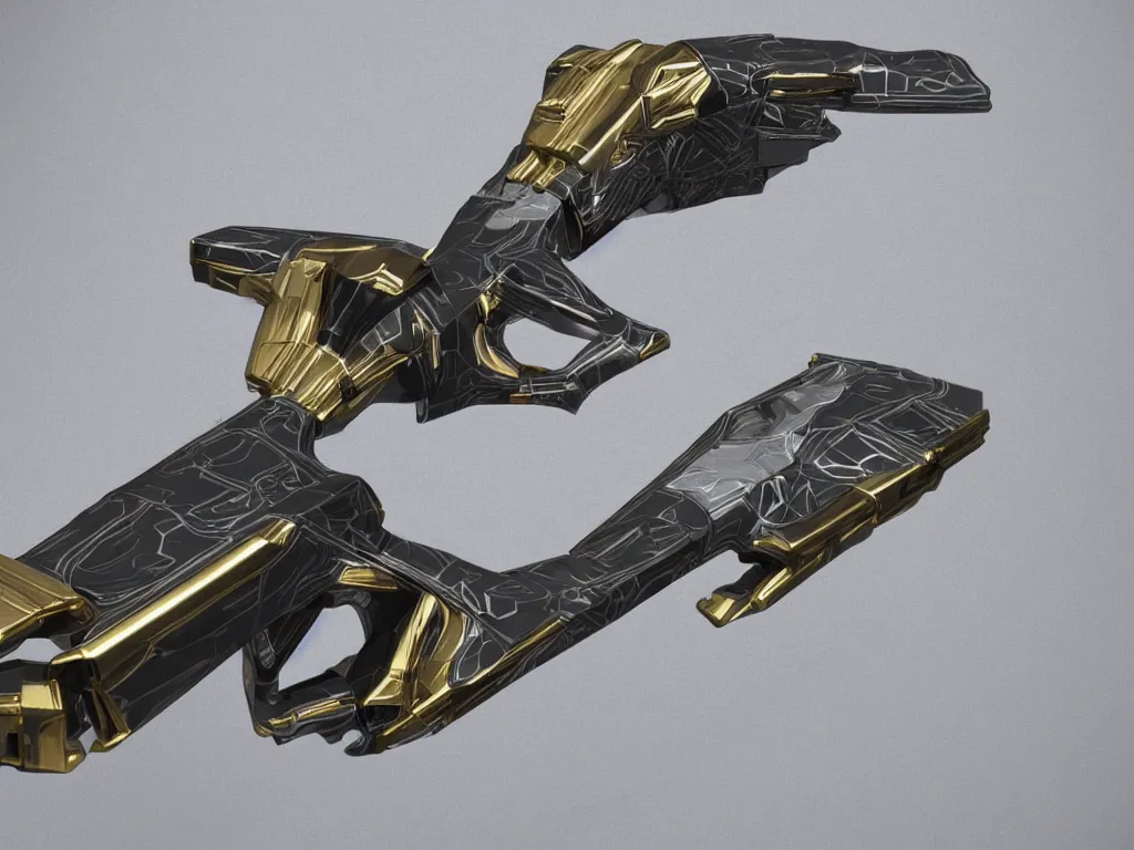 Image similar to intricate futuristic weapon made of brushed metal, chrome and carbon, gold linings