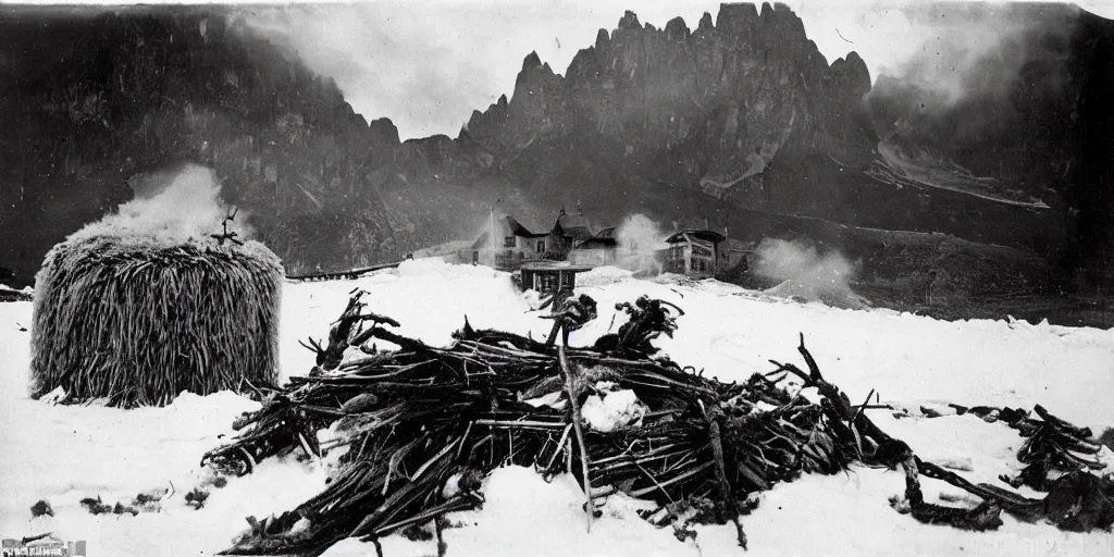 Prompt: 1 9 2 0 s photography of krampus hay monster burning on a pyre, submerged in snow, alpine huts and dolomites in background