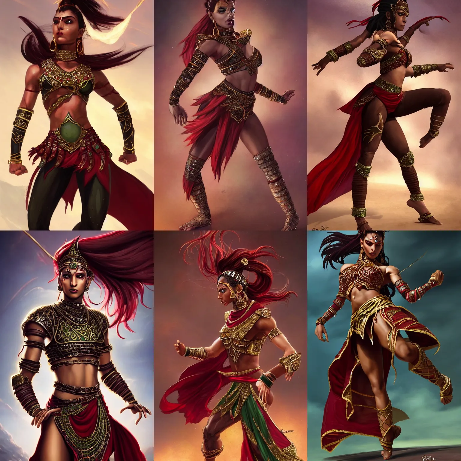 Prompt: Full body Picture of a Battle Dancer, arab inspired, wearing two metallic rings, dark brown skin, light red hair, waist reaching ponytail, crimson attire, exposed midriff, battle, detailed face, dark green eyes, D&D, by artgerm and Craig Mullins, James Jean, Andrey Ryabovichev, Mark Simonetti and Peter Morbacher, matte painting, trending on artstation, artstationHD, artstationHQ, octane